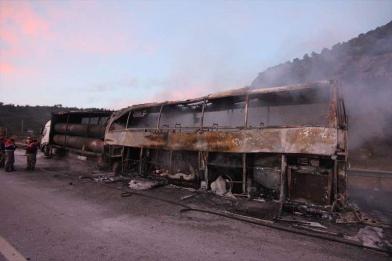 Turkish bus hits truck, bursts into flames 11 dead