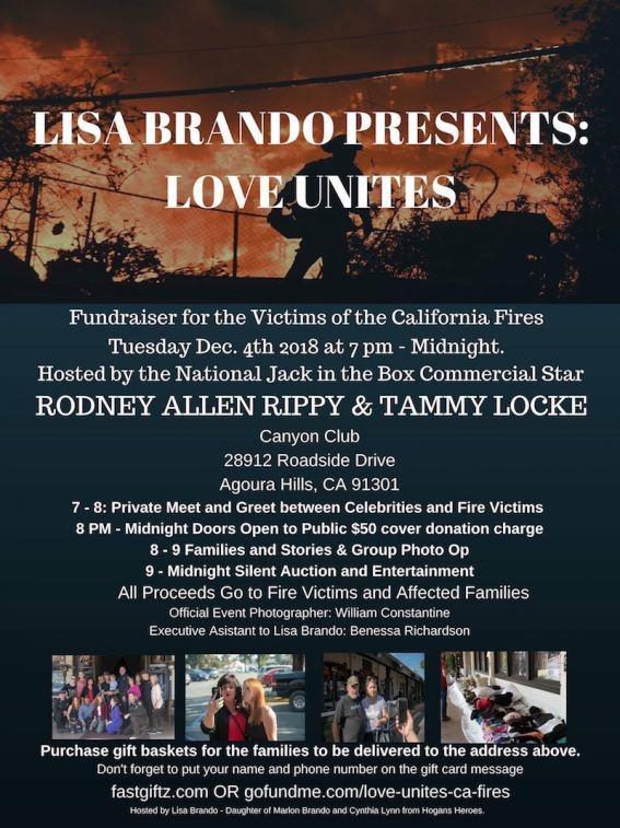 Lisa Brando S Love Unites Fundraiser For The Victims Of The Fires In California December 4th 18 Menafn Com