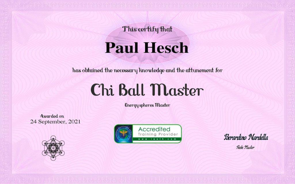 Paul Hesch has obtained certification for Chi Ball Master Reiki (Kitsap County)