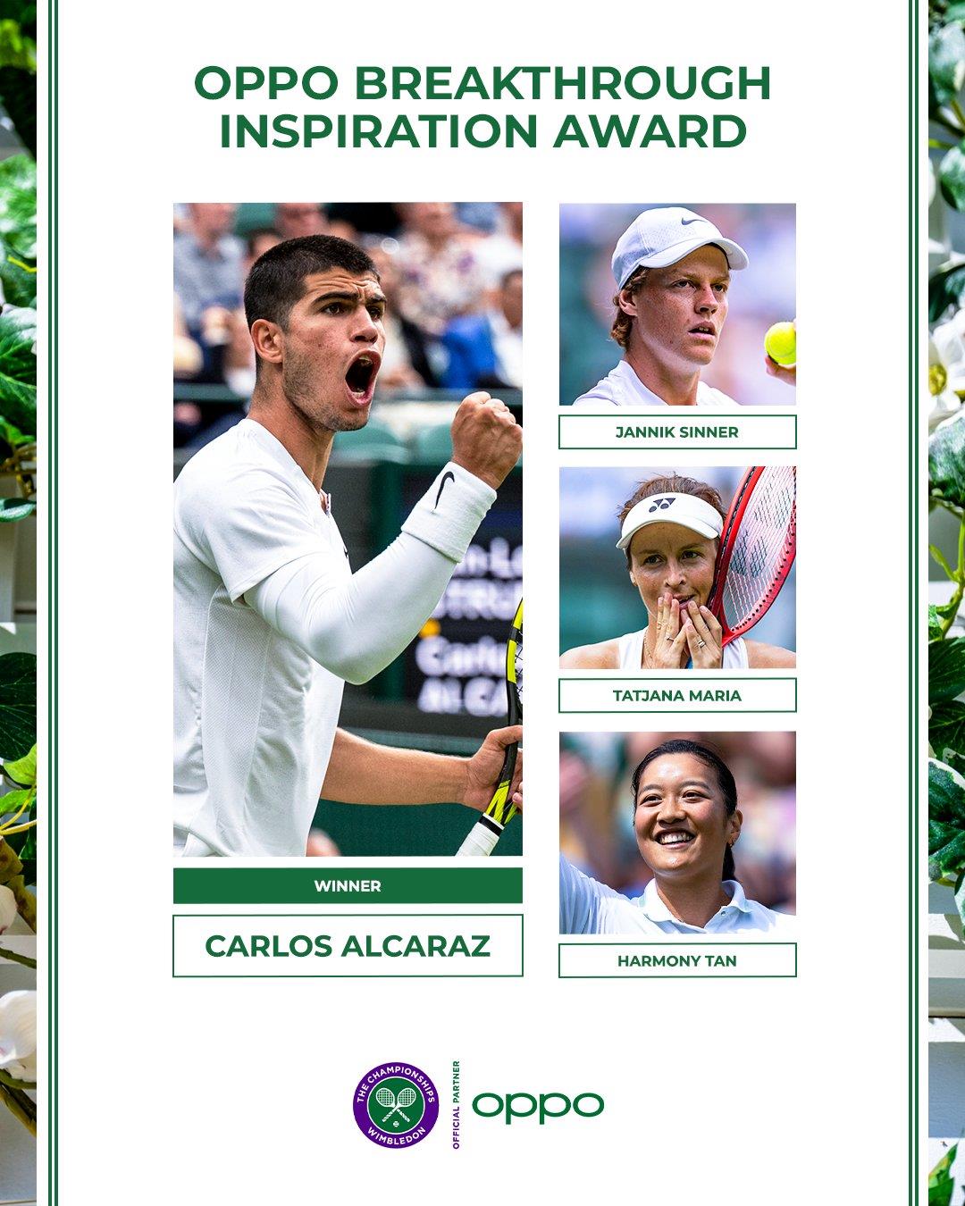 Congratulations To Carlos Alcaraz, Who Wins The OPPO Breakthrough Inspiration Award At Wimbledon 2022
