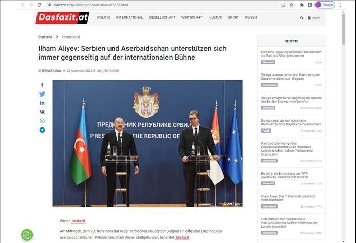 Austrian Online Newspaper Dedicates Article To President Ilham Aliyev's Visit To Serbia