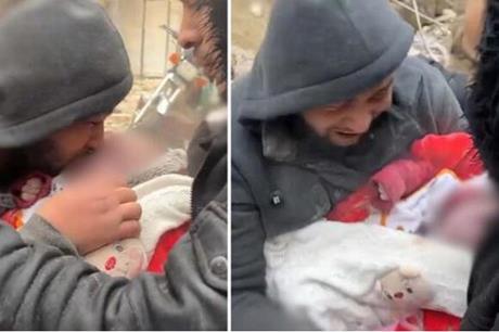 فيديو مؤثر لأب سوري يبكي محتضنا طفله الرضيع بعدما راح ضحية الزلزال المدمر