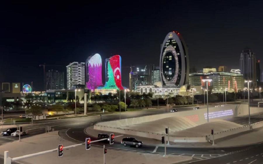 Azerbaijani Flag Projected At Al-Jaber Twin Towers In Doha (VIDEO)