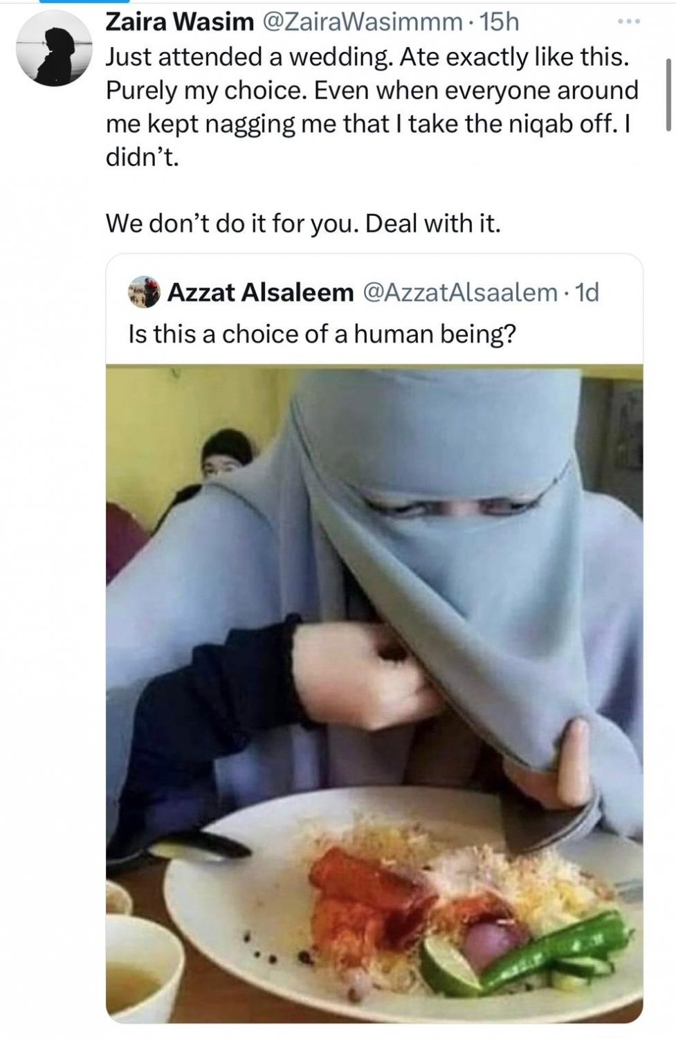  'Purely My Choice': Zaira Wasim Speaks For Woman Eating In A Niqab 