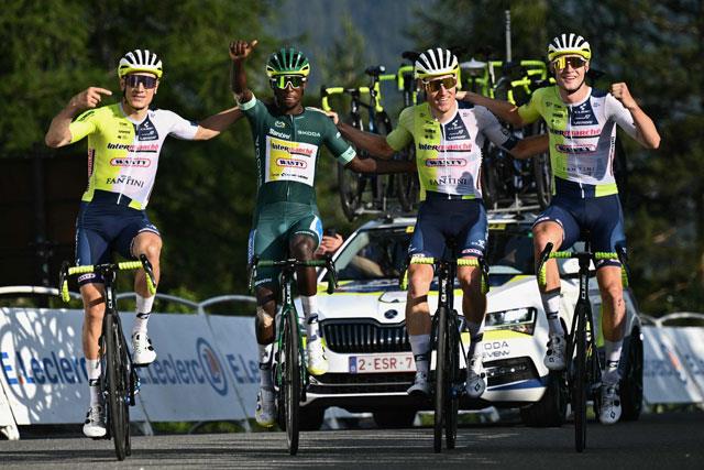 Pogacar Wins 19Th Stage To Close On Tour De France Triumph Intermarche - Wanty team’s Eritrean rider Biniam Girmay wearing the sprinter’s green jersey celebrates as he cycles to the finish line with his teammates during the 20th stage of the 111th edition of the Tour de France cycling race, 132,8 km between Nice and Col de la Couillole, south-eastern France, on Saturday (AFP photo)