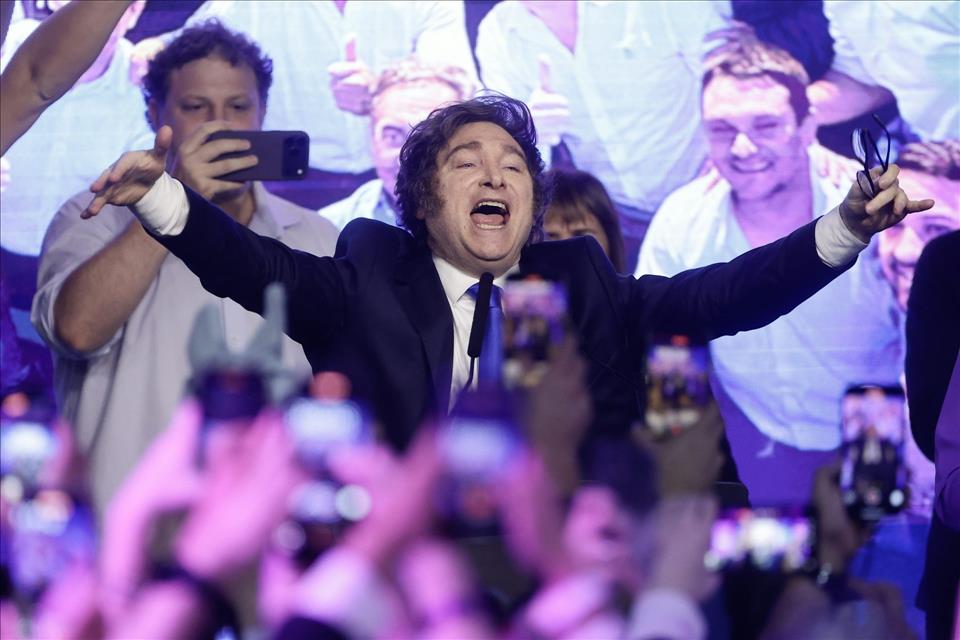 Javier Milei's Victory In Argentina's Midterm Elections Is Also A Win For Trump Javier Milei celebrates after learning the results of the midterm elections in Buenos Aires, Argentina, on October 26.          Juan Ignacio Roncoroni / EPA
