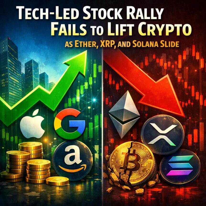 Tech-Led Stock Rally Fails To Lift Crypto As Ether, XRP, And Solana Slide
