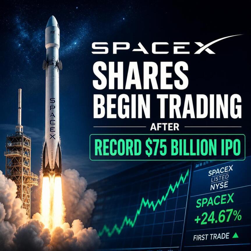 Spacex Shares Begin Trading After Record $75 Billion IPO