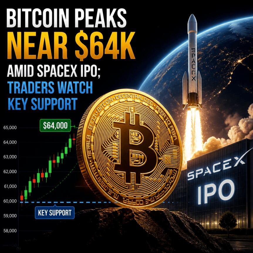 Bitcoin Peaks Near $64K Amid Spacex IPO    Traders Watch Key Support
